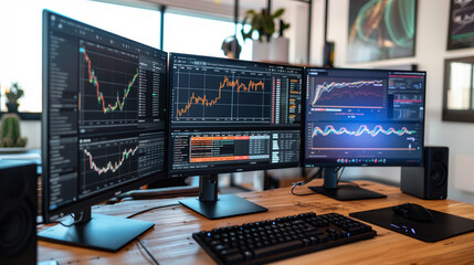 business data statistics or stock market analysis display on computer screens 