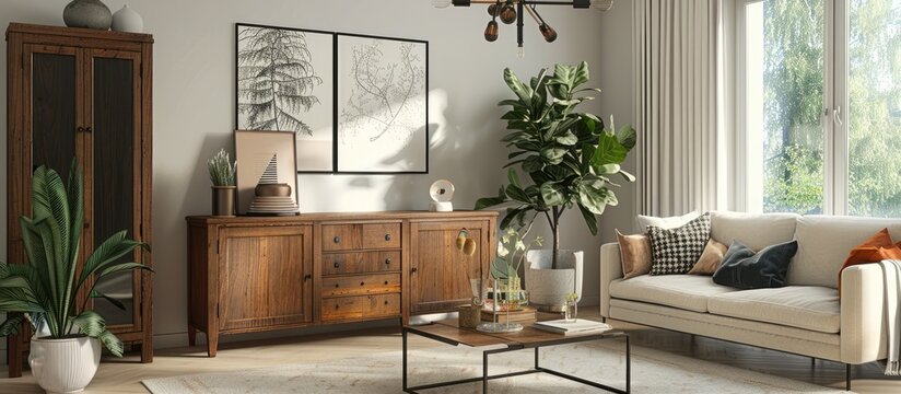 Modern living room interior with a wooden cabinet
