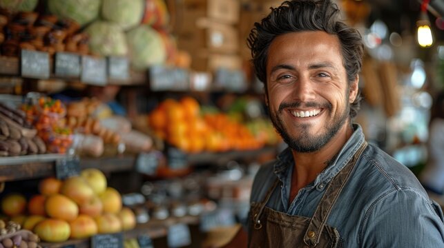 Smiling male entrepreneur at his fruit stand. Local produce and small business concept