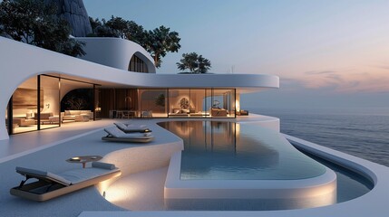 Fototapeta premium Modern Luxury Villa with Infinity Pool at Sunset