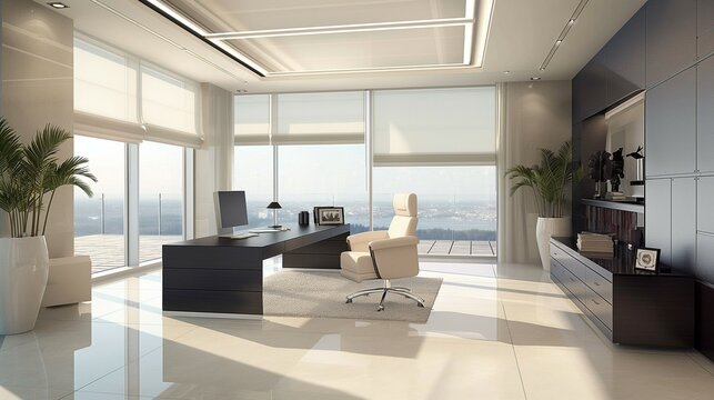 A 3D Rendering Of A Modern Office Interior.