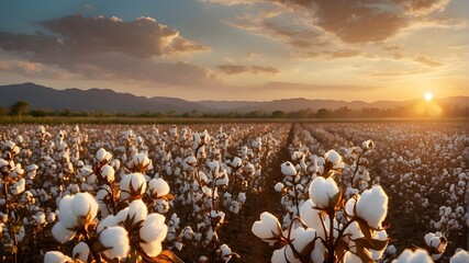 Fair Trade certified cotton field at sunset, warm golden hour ligt - obrazy, fototapety, plakaty
