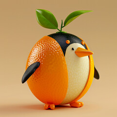 Orange with penguin head, waddling citrus, playful 3D vector,