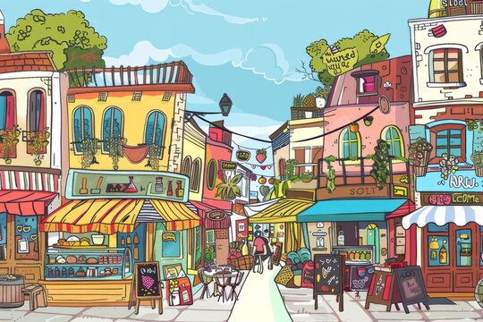 Cartoon cute doodles of a big city street lined with charming cafes, shops, and street vendors selling tasty treats and quirky souvenirs, Generative AI