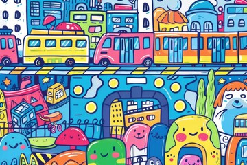 Cartoon cute doodles of a big city subway system with colorful trains chugging along, little passengers waiting on platforms, and cute critters riding the rails, Generative AI