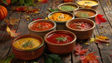Naklejka premium Variety of autumn soups in colorful bowls. Food and gastronomy concept