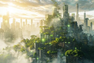 Scene of a futuristic city symbolizing the integration of digital economy and green technology with a focus on sustainable living