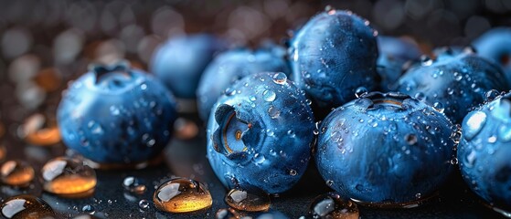 Blueberries with water droplets enter a dark tank, contrasting beautifully Captured with underwater...