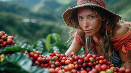 Farmer worker standing in front of blurred local COFFEE farm