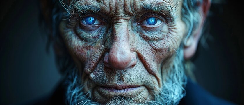 Close-up photo capturing the intense gaze and textured details of an elderly man's weathered face with striking blue eyes.
