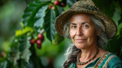 Farmer worker standing in front of blurred local COFFEE farm