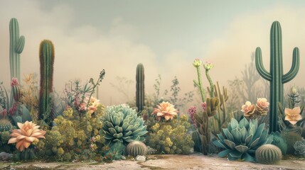 Desert Mirage: Surreal Cactus Garden Enveloped in Vibrant Colors - Inspiring Modern Home Decor and Artistic Endeavors Alike.