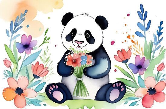 Cute panda portrait in beautiful colors with watercolor effect. Wallpaper, cover, background, screensaver, print. High quality photo