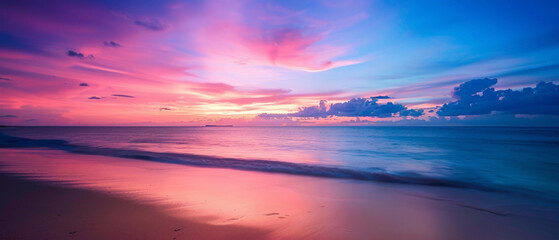 A tropical beach at sunrise, with the colors of the sky forming a splendid gradient of pinks and blues over the horizon, captured in high-definition to highlight its mesmerizing vibrancy. - obrazy, fototapety, plakaty