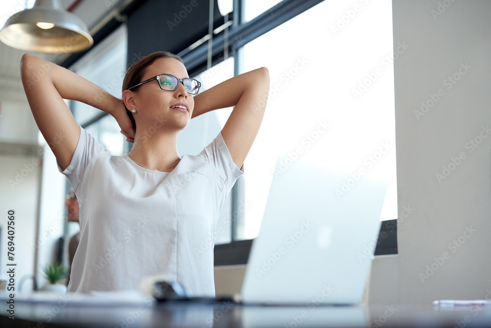 Poster Woman, relax at work and thinking of ideas for project, problem solving and solution with deadline at startup. Brainstorming, inspiration and mindfulness with break at desk, rest and calm at office