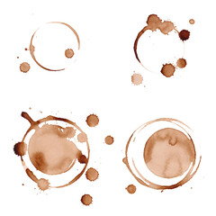 Coffee and tea stains from a cup with drops, splashes isolated on a white background, hand-drawn. Abstract coffee background with circles. A footprint, an imprint from a mug with a drink. 