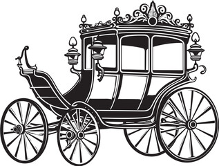 Regal Romance Chariot Ornate Emblem for Wedding Grace Luxurious Marriage Wheels Regal Carriage Black Vector