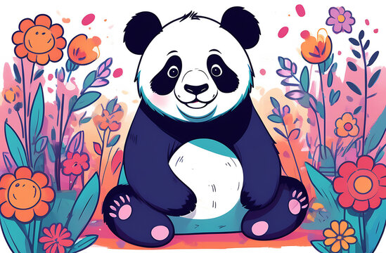 Cute panda portrait in beautiful colors with watercolor effect. Wallpaper, cover, background, screensaver, print. High quality photo