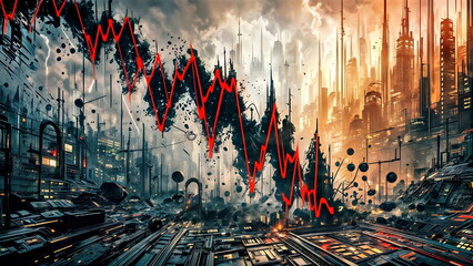 Stock Market Crisis, Urban Skyline Amidst Falling Graphs - obrazy, fototapety, plakaty