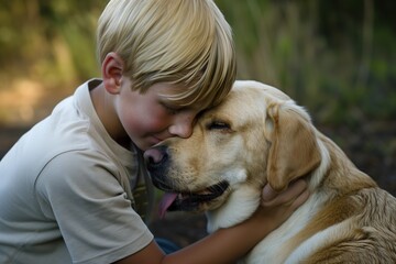 Young Boy Embracing His Labrador Retriever in a Serene Outdoor Setting at Dusk