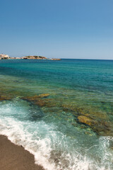 HERSONISSOS, GREECE - 22 JUNE 2023: Beach in Sarantaris village, municipal division Hersonissos....