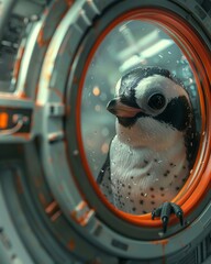 Penguin aboard space tourism shuttle, Earth view, wide angle, soft cabin lights ,3D Pop Art