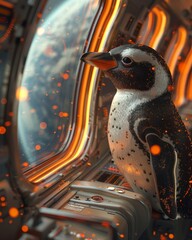 Penguin aboard space tourism shuttle, Earth view, wide angle, soft cabin lights ,3D Pop Art