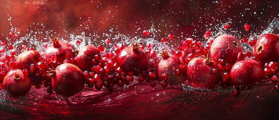 Pomegranate seeds create red splash art in a shadowy tank Captured with underwater seed photography, highlighting red with filtered sunlight ,3D Pop Art - obrazy, fototapety, plakaty