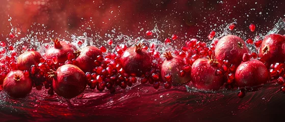 Fotobehang Pomegranate seeds create red splash art in a shadowy tank Captured with underwater seed photography, highlighting red with filtered sunlight ,3D Pop Art © PTC_KICKCAT