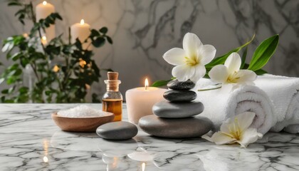 Tranquil Harmony: Spa Stones Resting on a White Marble Table in Captivating Composition