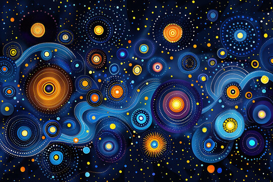 Australian Aboriginal dot painting style art dreamtime story  of the sky.