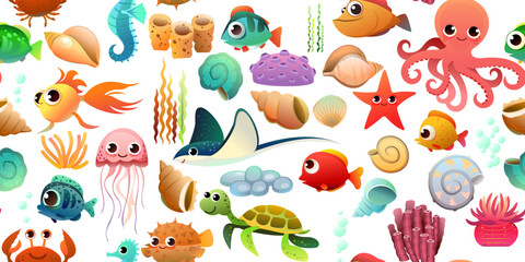 underwater world of animals, fish and plants. Tropical species. Picture seamless pattern. Object isolated on white background. Cartoon fun style Illustration vector