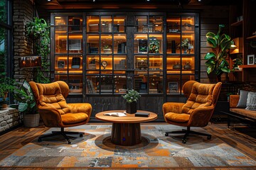 Studio interior for podcast and interview with two chairs
