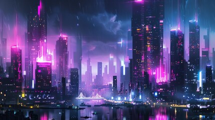 Vibrant night: sci-fi city skyline glowing in pink and yellow neon lights with advanced skyscrapers