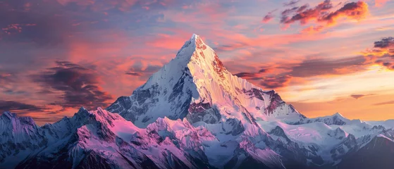 Fotobehang A snowy mountain peak catching the first light of dawn, with the sky above displaying a splendid gradient of colors, all captured in high-definition to emphasize its mesmerizing vibrancy. © M-T