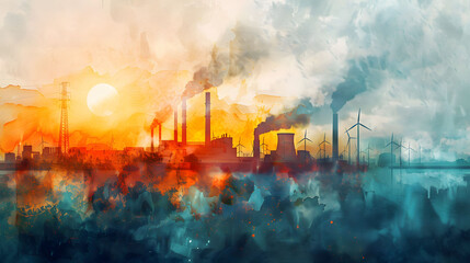 Fototapeta premium Watercolor painting that depicts the transition from traditional energy sources to renewable energy and wind turbines in the background. 