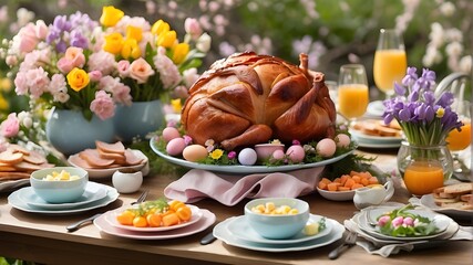 Glazed Ham, Easter eggs, salads, a variety of appetizers, and spring flowers in the garden make for a festive Easter brunch spread.