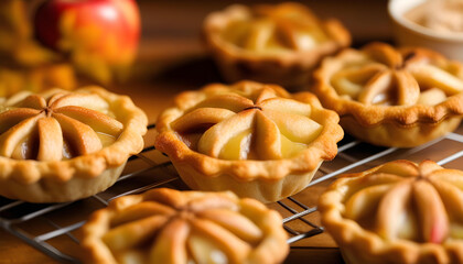 Close-up of apple tartlets on a wooden tray with fresh apples - obrazy, fototapety, plakaty