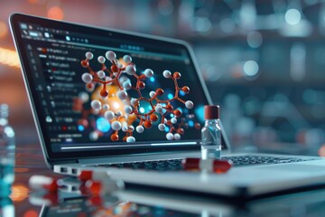Digital visualization of a breakthrough medications molecular structure on a laptop in a lab, copy space - obrazy, fototapety, plakaty