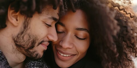 Close up of a of a beautiful couple expressing their feelings concept with interracial couple in love