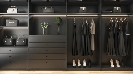 Modern walk-in closet with elegant black dresses and shoes.