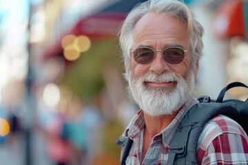 Obraz premium Portrait of a senior traveler with white beard and moustache wearing glasses with a backpack