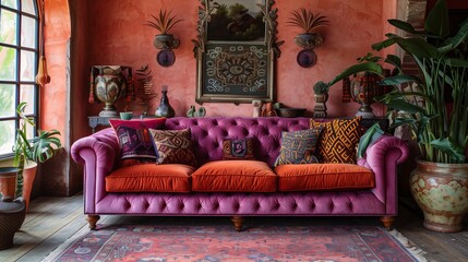 Bohemian Interior with Vibrant Purple Tufted Sofa and Eclectic Decor