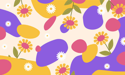 Colorful organic shapes with daisy and sunflower background. Cheerful background vector.