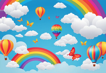 Obraz premium Beautiful fluffy clouds on blue sky background with summer sun, butterfly, hot air balloons and rainbow. Vector illustration. Paper cut style