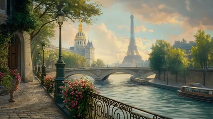 A River With A Bridge And Eiffel Tower In The Background. - obrazy, fototapety, plakaty