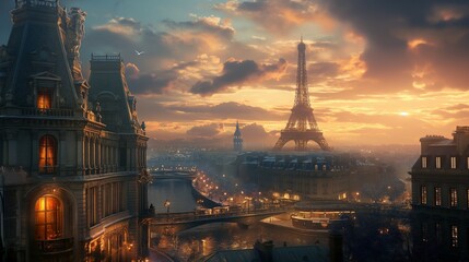 A River With A Bridge And Eiffel Tower In The Background. - obrazy, fototapety, plakaty