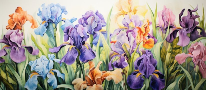 A vibrant painting depicting a field of colorful flowers, including purple irises and violets, set against a backdrop of lush green grass