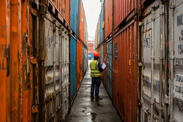 Import, export and international trade activity by port or customs officer checking the container item for logistics purposes