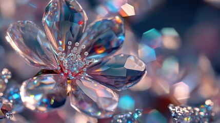 Crystal flower sculpture with refracted light on a bokeh background.